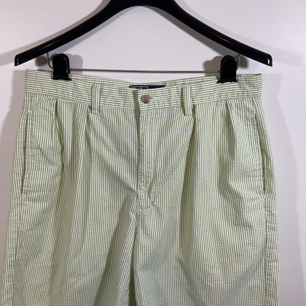 Polo Ralph Lauren Tyler Short Mens 33 Green White Striped Seersucker Pleated VTG - Picture 2 of 11